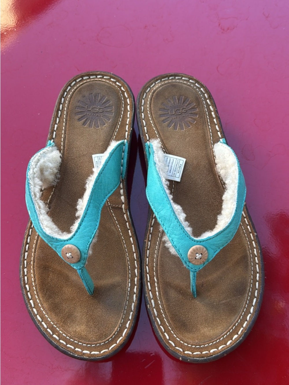 UGG Women’s Tasmina Teal Suede Shearling Thong Sandals / Flip Flops Size 6